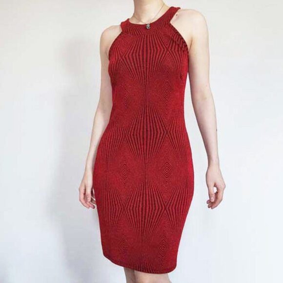 Vintage 90s chic red metallic halter midi bodycon dress - Picture 1 of 8